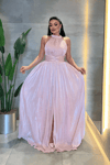 Şifon Kumaş Bel Korseli Abiye Elbise - PEMBE