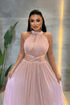 Şifon Kumaş Bel Korseli Abiye Elbise - PEMBE