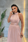 Şifon Kumaş Bel Korseli Abiye Elbise - PEMBE