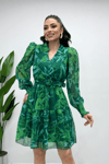 Şifon Kumaş Beli Lastikli Mini Elbise - YEŞİL