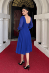 Sifon Kumaş Çiçek Detaylı Midi Elbise - SAKS MAVİ