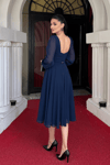 Sifon Kumaş Çiçek Detaylı Midi Elbise - LACİVERT