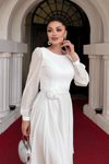 Sifon Kumaş Çiçek Detaylı Midi Elbise - BEYAZ