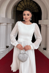Sifon Kumaş Çiçek Detaylı Midi Elbise - BEYAZ