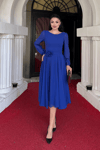Sifon Kumaş Çiçek Detaylı Midi Elbise - SAKS MAVİ