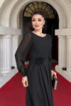 Sifon Kumaş Çiçek Detaylı Midi Elbise - SİYAH