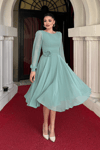 Sifon Kumaş Çiçek Detaylı Midi Elbise - MİNT YEŞİLİ