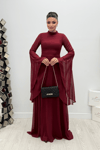 Şifon Kumaş Kolu Volan Detaylı Elbise - BORDO