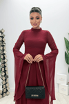 Şifon Kumaş Kolu Volan Detaylı Elbise - BORDO