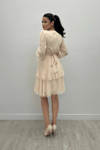 Sifon Kumaş Kruvaze Yaka Mini Elbise - KREM