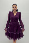 Sifon Kumaş Kruvaze Yaka Mini Elbise - PATLICAN MOR