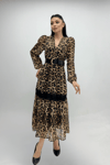 Şifon Kumaş Leopar Desenli Midi Elbise - LEOPAR