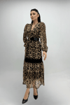 Şifon Kumaş Leopar Desenli Midi Elbise - LEOPAR