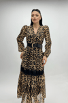 Şifon Kumaş Leopar Desenli Midi Elbise - LEOPAR