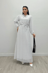 Sifon Kumaş Puantiye Desenli Elbise - BEYAZ