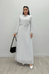 Sifon Kumaş Puantiye Desenli Elbise - BEYAZ