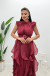 Şifon Kumaş Volan Detaylı Elbise - BORDO