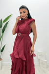 Şifon Kumaş Volan Detaylı Elbise - BORDO
