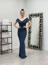 Sim Detaylı Kayık Yaka Elbise - İNDİGO MAVİ
