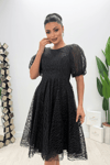 Simli Kumaş Balon Kol Midi Elbise - SİYAH