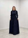 Simli Kumaş Düğme Detaylı Abiye Elbise - SİYAH