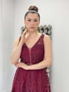 Simli Kumaş Kalın Askılı Midi Elbise - BORDO