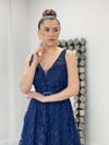 Simli Kumaş Kalın Askılı Midi Elbise - LACİVERT