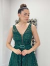 Simli Kumaş Kalın Askılı Midi Elbise - ZÜMRÜT YEŞİL