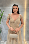 Simli Kumaş Kayık Yaka Abiye Elbise - GOLD