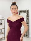 Simli Kumaş Kayık Yaka Elbise - BORDO