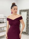 Simli Kumaş Kayık Yaka Elbise - BORDO
