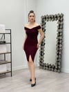 Simli Kumaş Kayık Yaka Elbise - BORDO