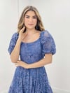 Simli Kumaş Kayık Yaka Elbise - İNDİGO MAVİ