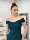Simli Kumaş Kayık Yaka Elbise - ZÜMRÜT YEŞİL