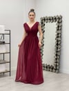 Simli Kumaş Omuzları Taşlı Elbise - BORDO