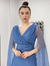 Simli Kumaş Pelerin Detaylı Elbise - İNDİGO MAVİ
