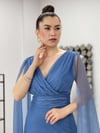 Simli Kumaş Pelerin Detaylı Elbise - İNDİGO MAVİ
