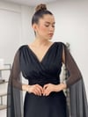 Simli Kumaş Pelerin Detaylı Elbise - SİYAH