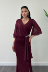Simli Kumaş Şifon Şal Detaylı Abiye Elbise - BORDO