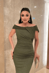 Simli Kumaş Tasarım Drape Detaylı Abiye Elbise - HAKİ YEŞİLİ