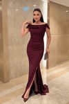 Simli Kumaş Tasarım Drape Detaylı Abiye Elbise - BORDO