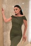 Simli Kumaş Tasarım Drape Detaylı Abiye Elbise - HAKİ YEŞİLİ