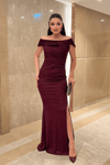 Simli Kumaş Tasarım Drape Detaylı Abiye Elbise - BORDO