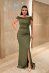 Simli Kumaş Tasarım Drape Detaylı Abiye Elbise - HAKİ YEŞİLİ