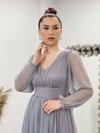 Simli Kumaş Yakası Büzgü Detaylı Elbise - GRİ