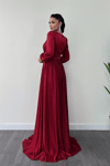 Simli Tül Kumaş Büzgü Detaylı Abiye Elbise - KIRMIZI