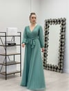 Simli Tül Kumaş Kuşaklı Kiloş Elbise - MİNT YEŞİL