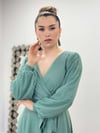 Simli Tül Kumaş Kuşaklı Kiloş Elbise - MİNT YEŞİL