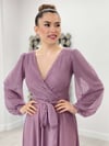 Silvery Tulle Fabric Belted Flared Dress - Powder