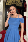 Simli Tül Kumaş Midi Boy Elbise - İNDİGO MAVİ